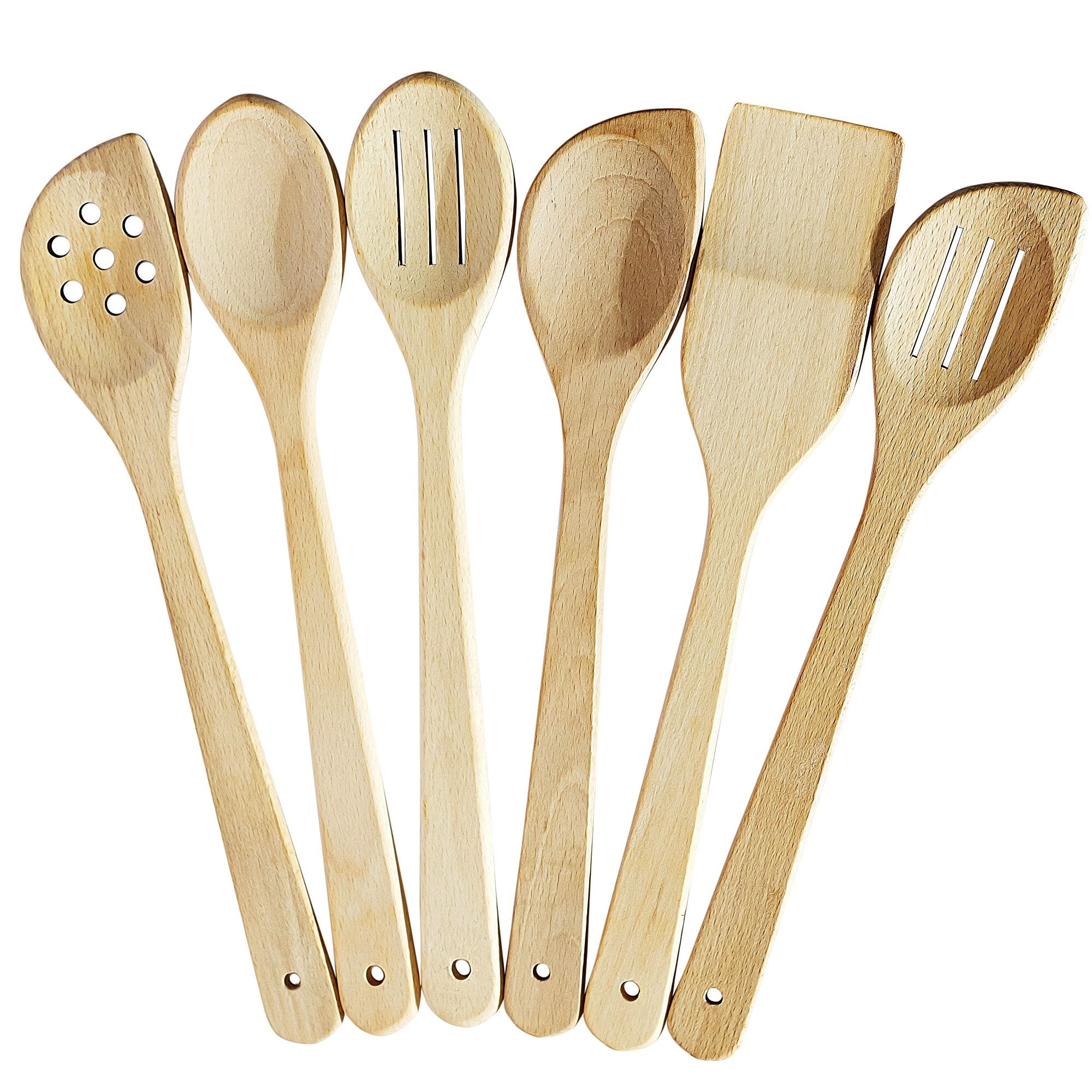 ECOSALL Healthy Wooden Spoons collection in beechwood for safe nonstick cooking and versatile tasks.