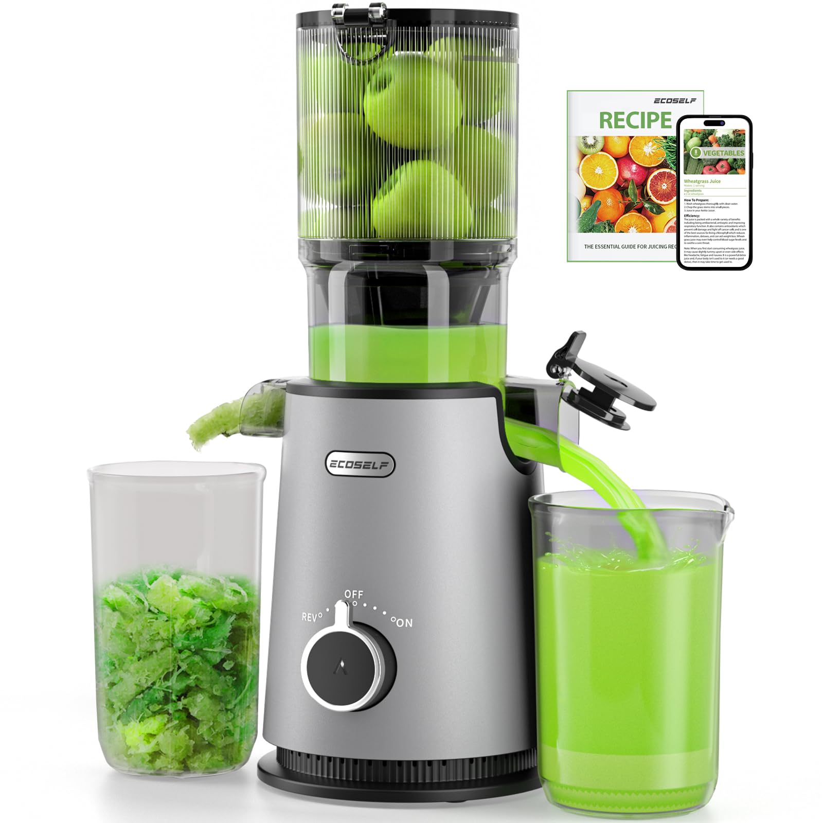 ECOSELF Cold Press Juicer wide-mouth feed chute for easy whole-fruit juicing.