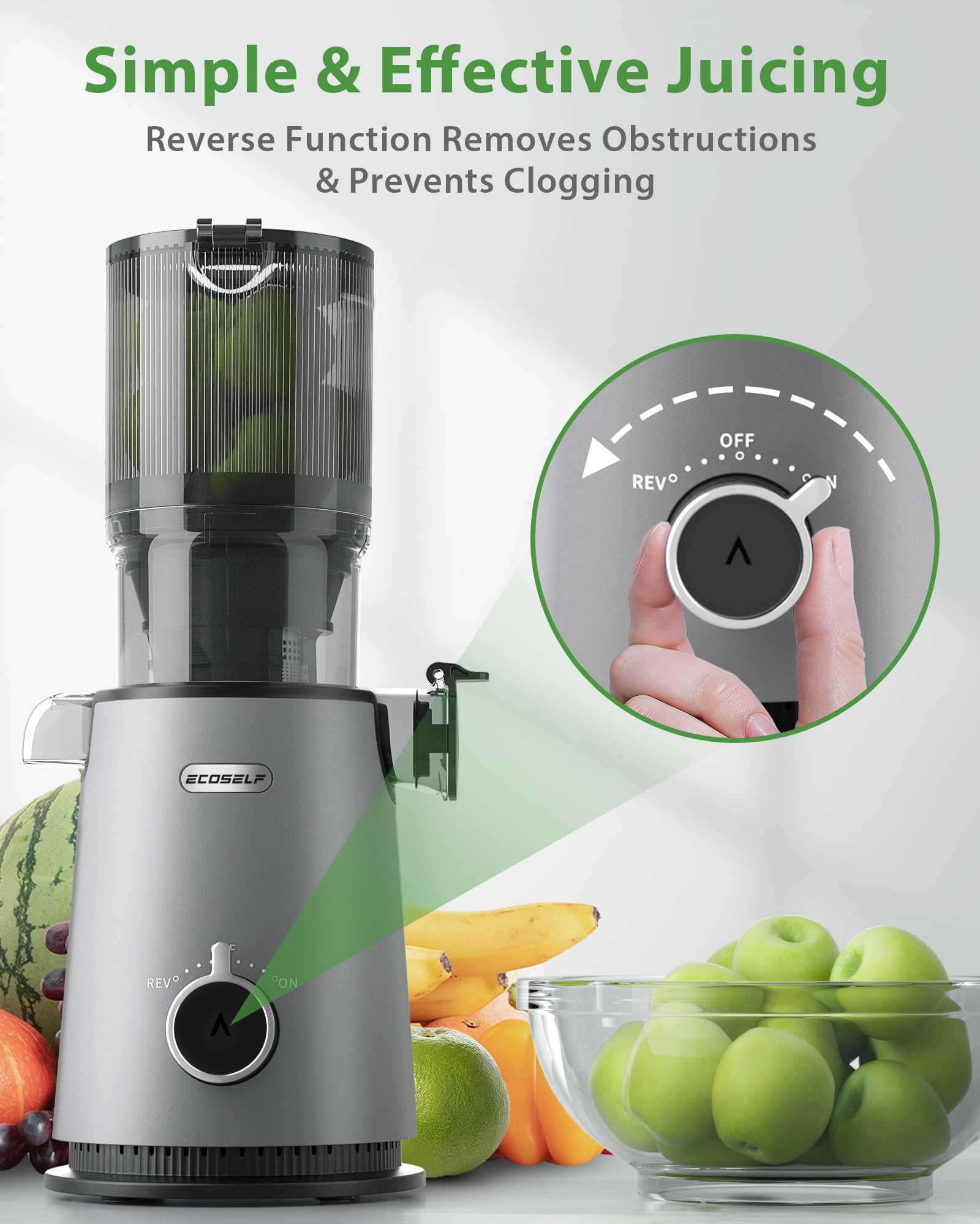 ECOSELF reverse function helps prevent clogs during use.