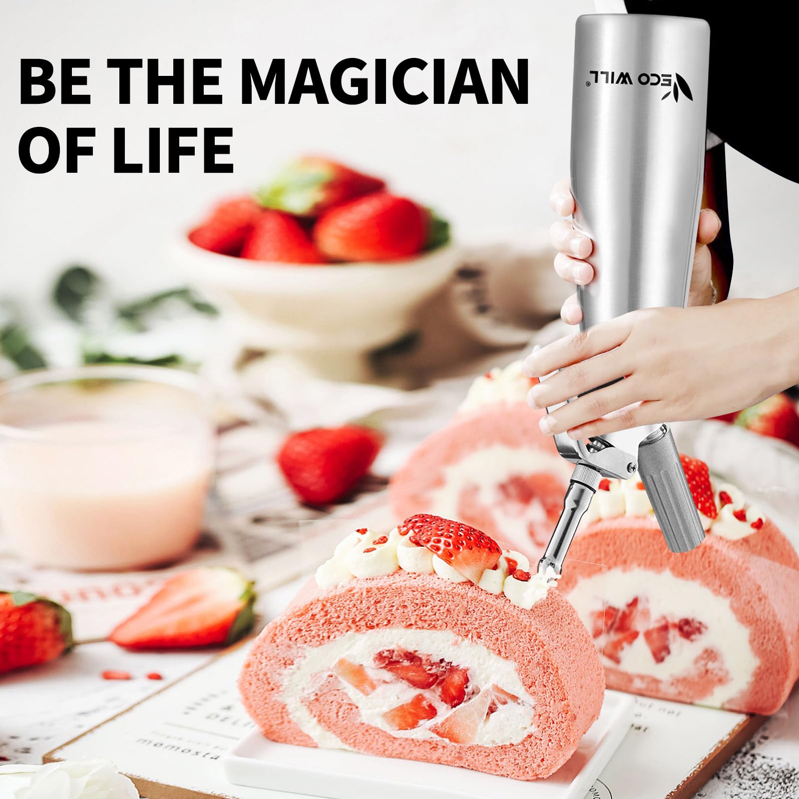 ECO-WILL whipped cream dispenser top view highlighting ergonomic grip and compact design.