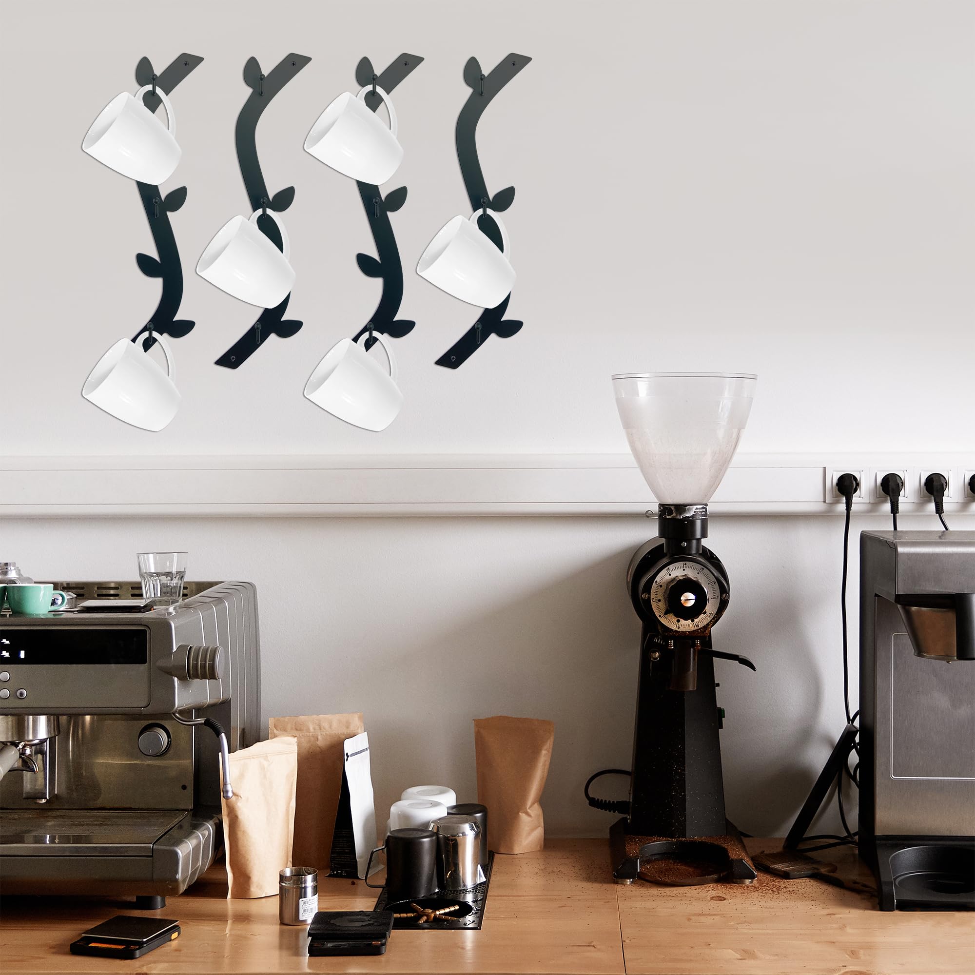 Ecqizer black mounted mug rack keeps counters tidy and organized.