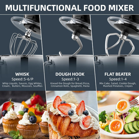 Ecunafix attachments dough hook whisk and beater for versatility.