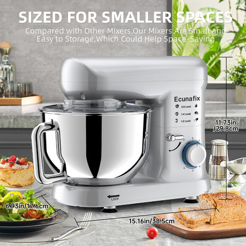 Ecunafix 6.5Qt stainless steel bowl for large-batch baking and mess reduction.