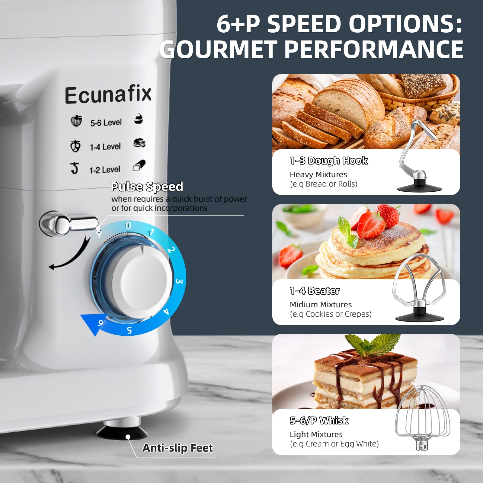 Ecunafix 660W motor delivers strong, quiet power during mixing.