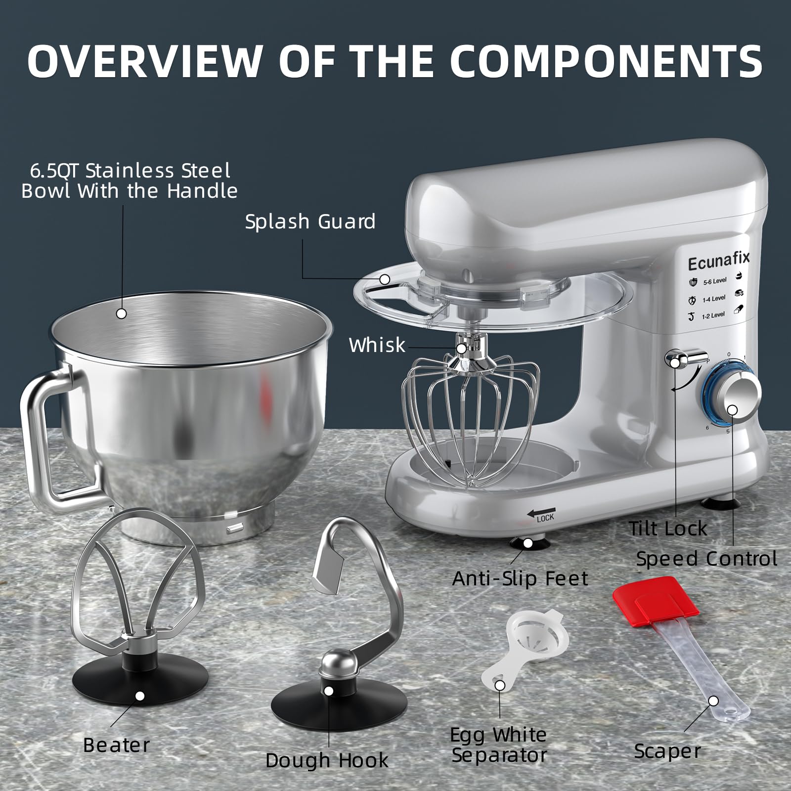 Ecunafix dough hook attachment kneads bread dough smoothly.