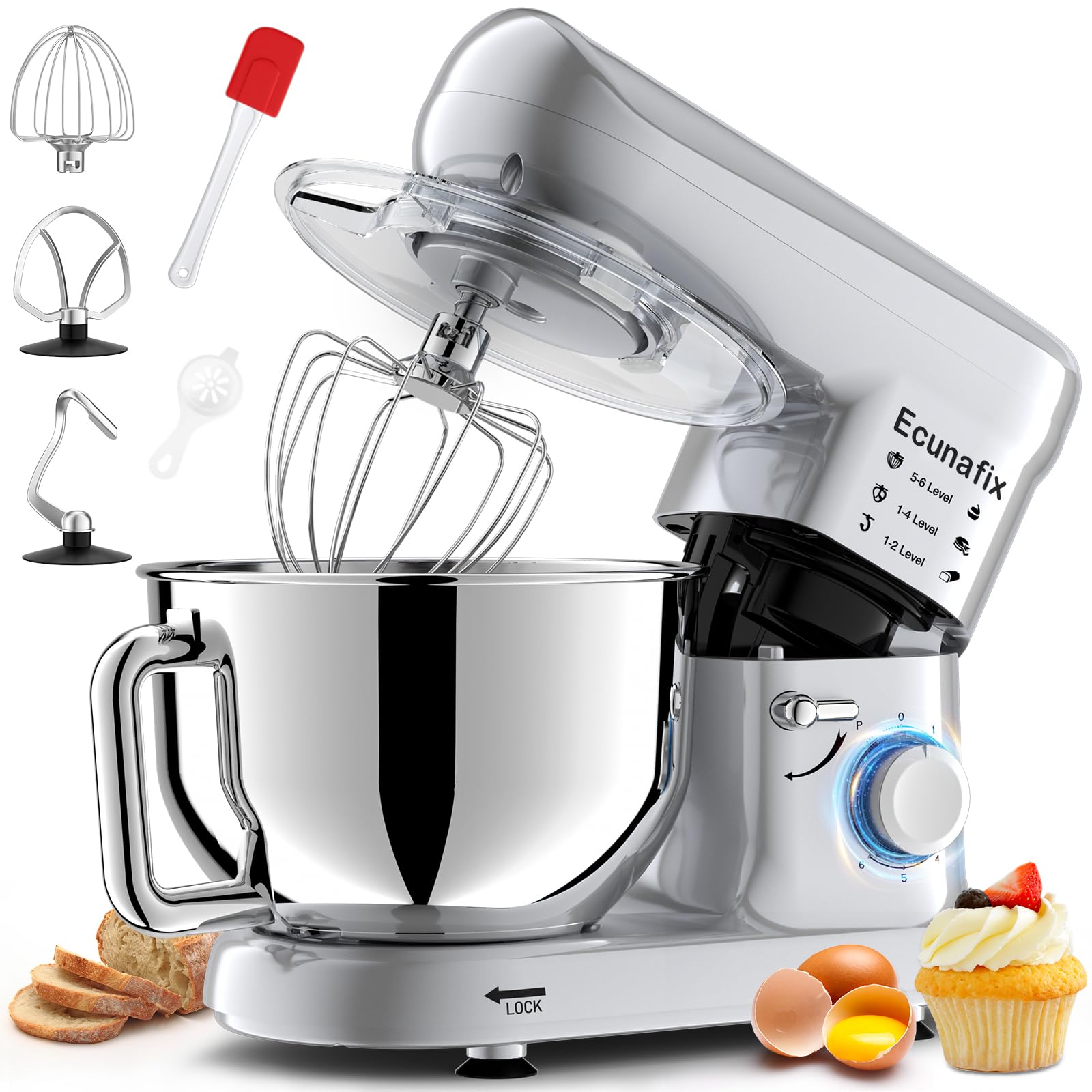 Ecunafix kitchen stand mixer with tilt-head design for easy access and safe operation.