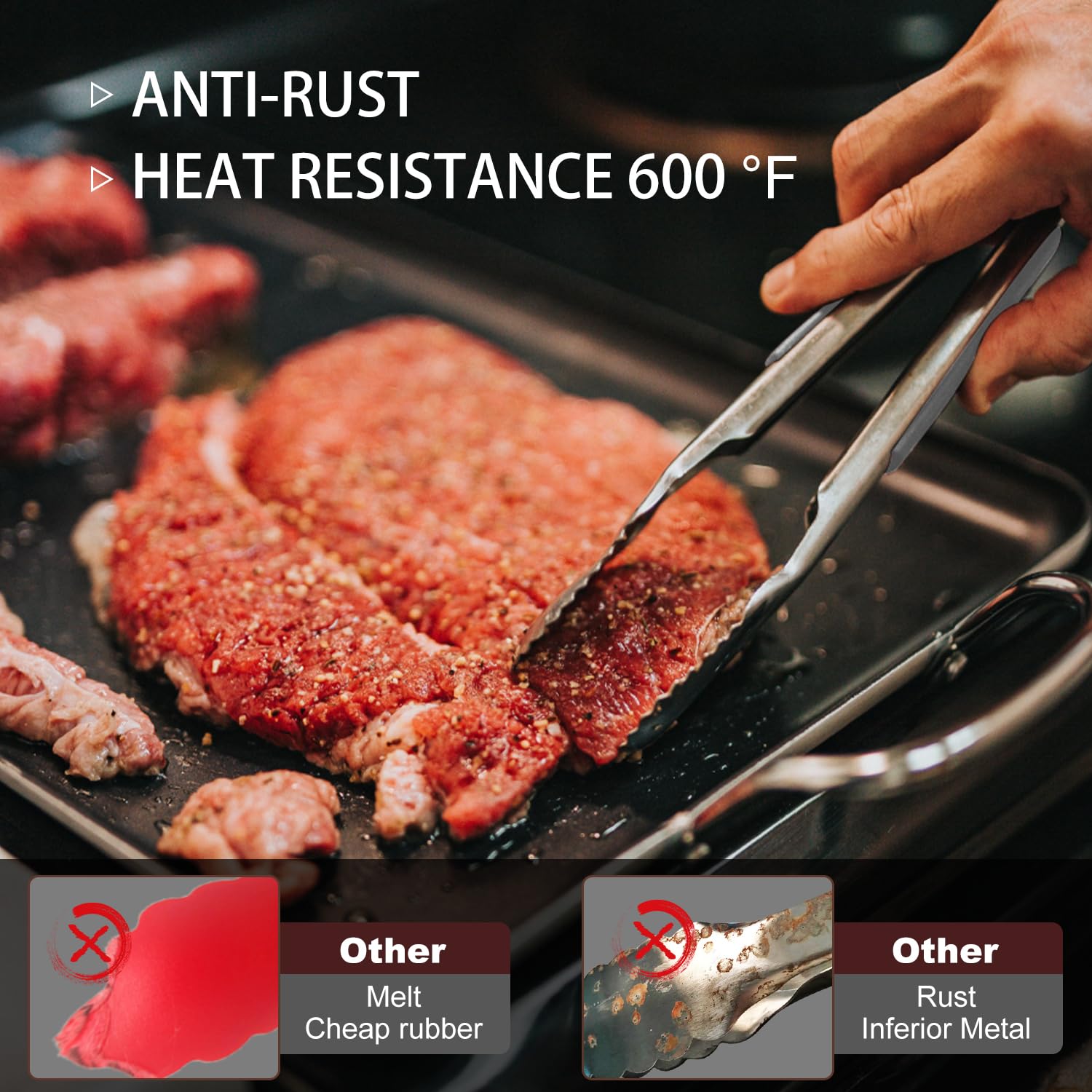 Eddeas 12-inch BBQ tongs handle large meats with ease.
