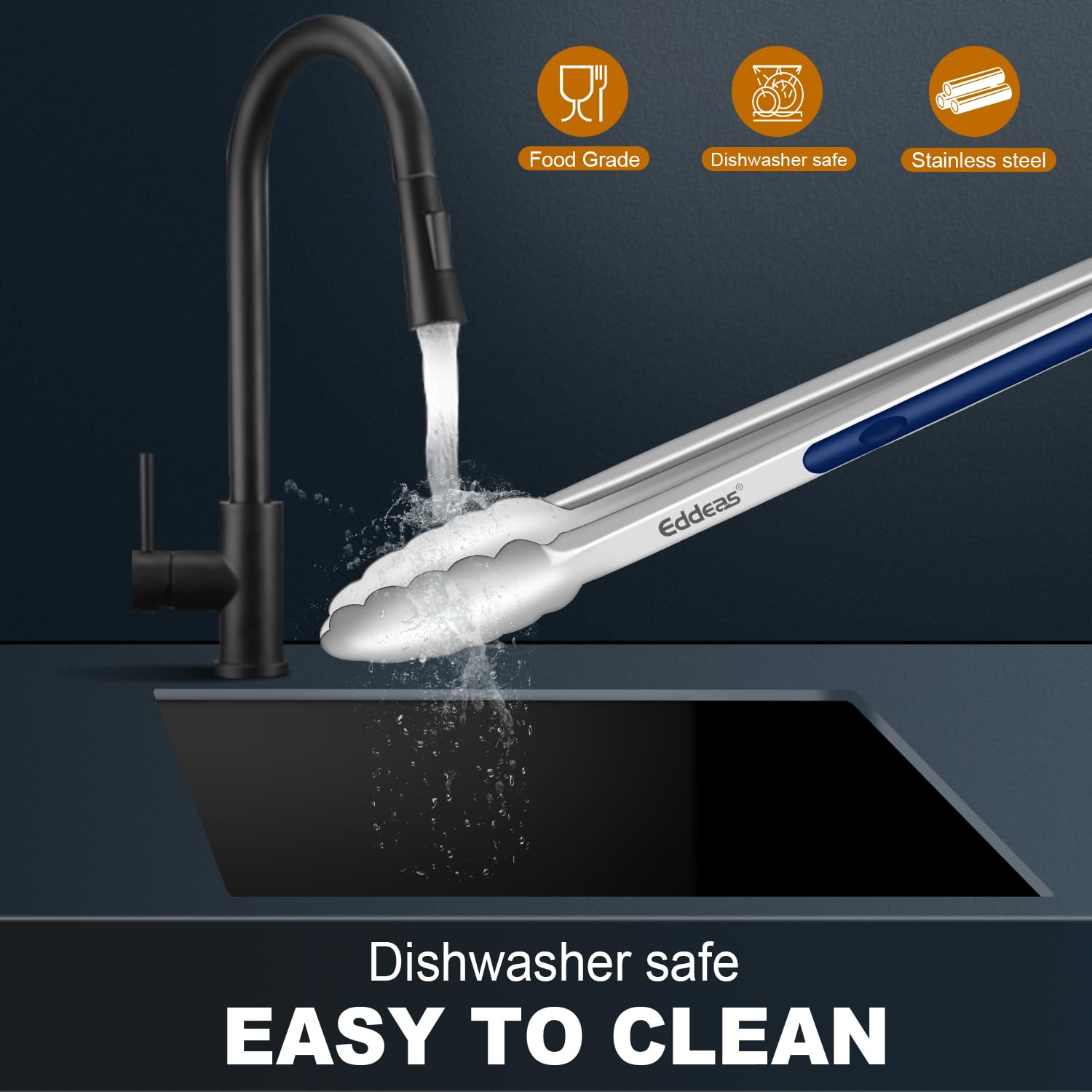 Eddeas dishwasher-safe blue tongs clean easily after cooking