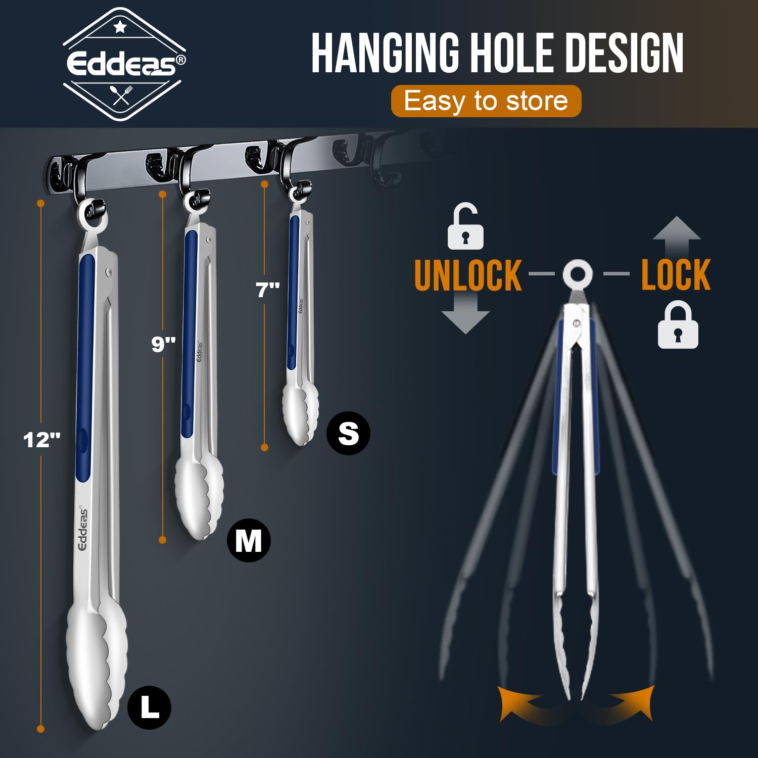 Eddeas tongs in use on grill capturing hot food safely
