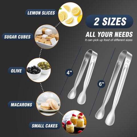 Eddeas mini tongs set showing six 6-inch and six 4-inch pieces in silver