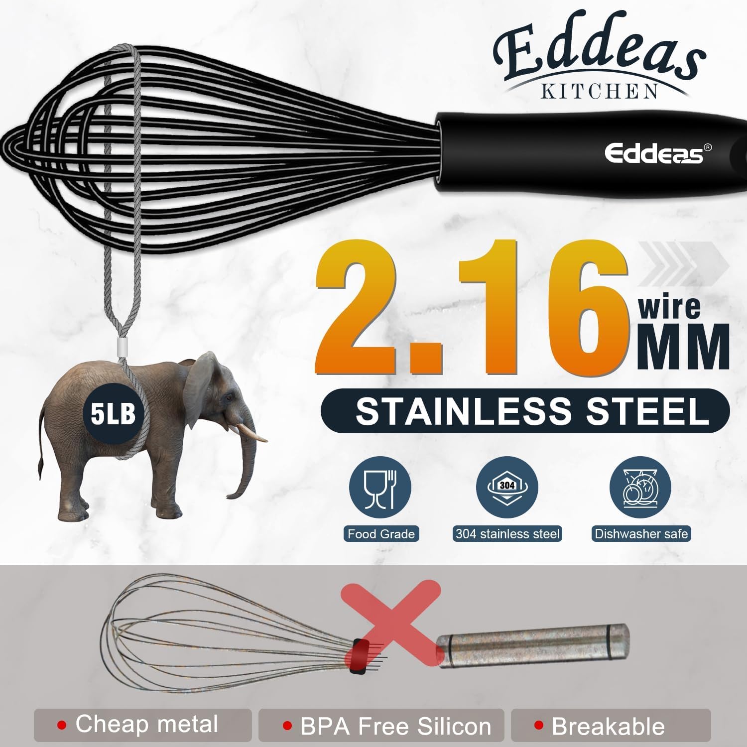 Eddeas silicone whisk with ergonomic handle for comfortable grip