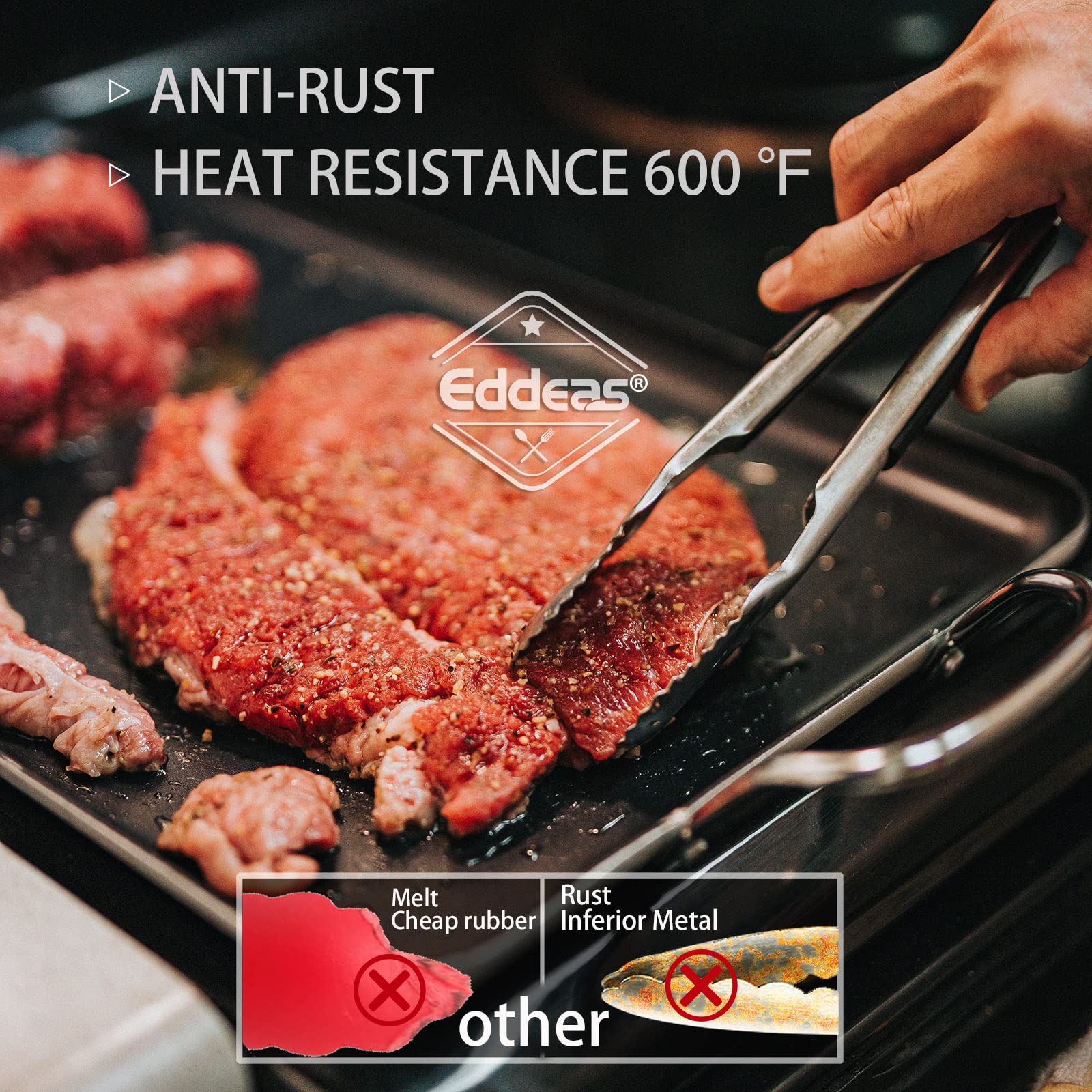 Eddeas 12-inch heat-resistant tongs reach into pots and pans