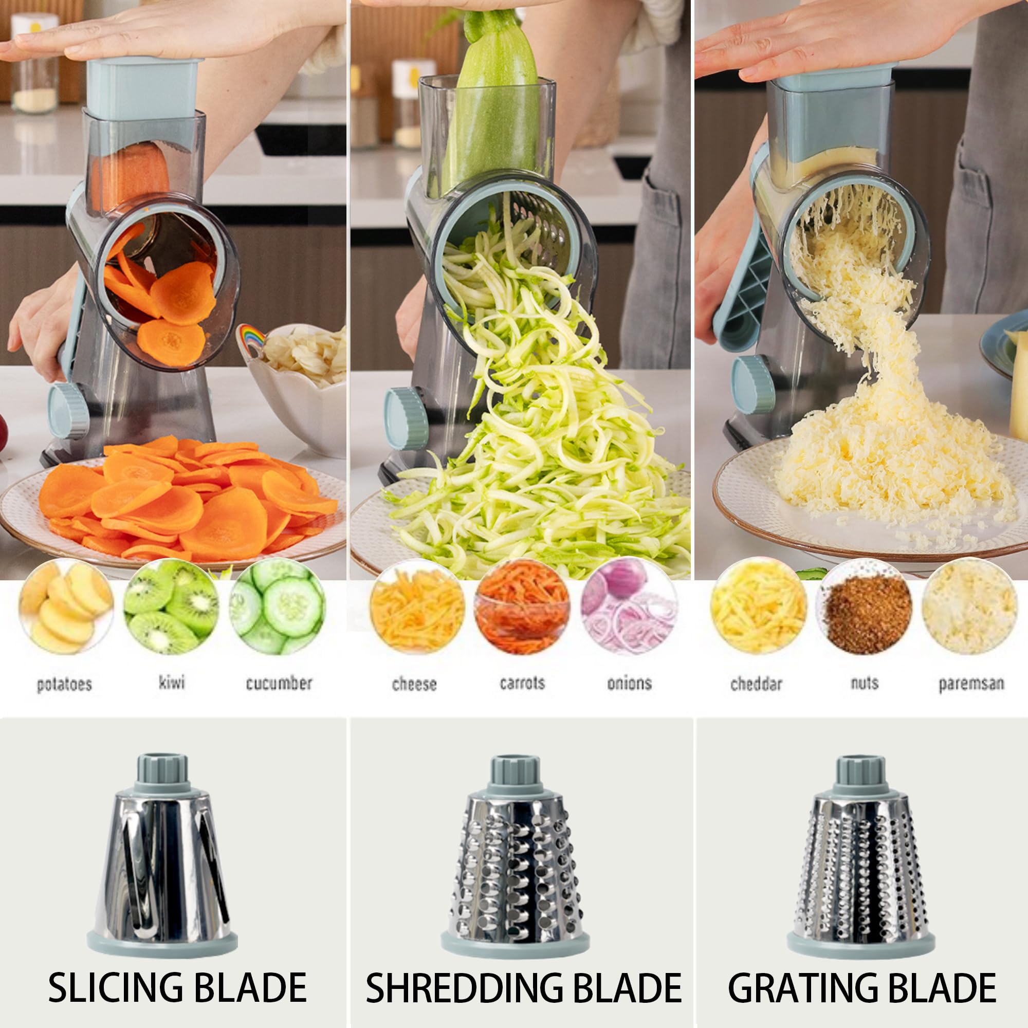 EDEFISY 3-in-1 grater with interchangeable blades enabling cheese, vegetables, and nuts prep.