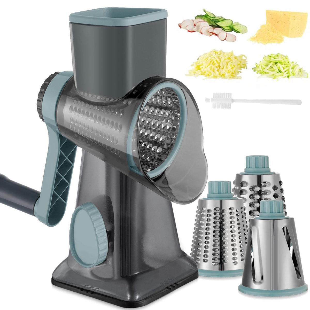 EDEFISY hand-crank cheese grater with assembly shown for quick shredding and easy storage.