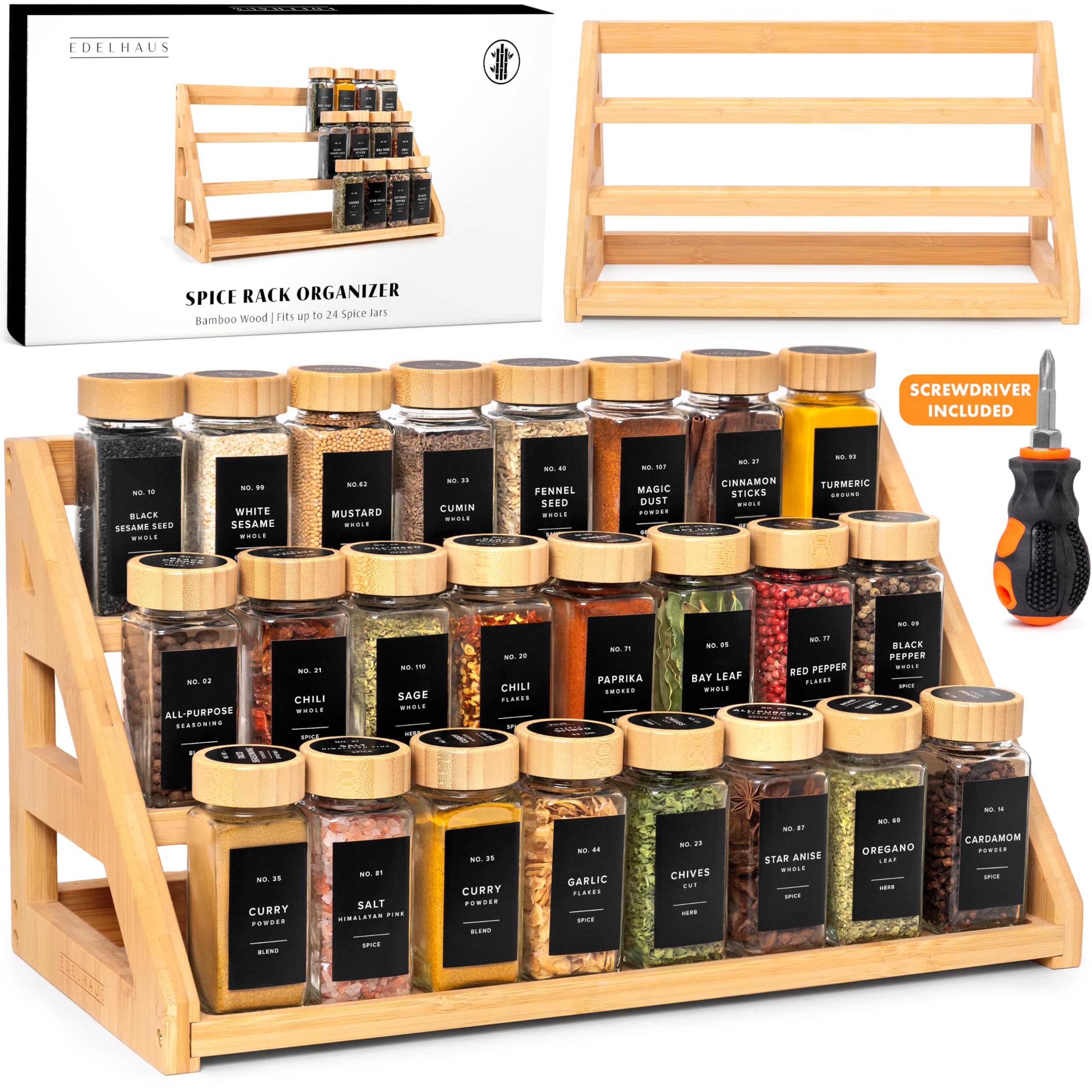 Edelhaus 3-tier bamboo spice rack keeps jars visible for quick seasoning.
