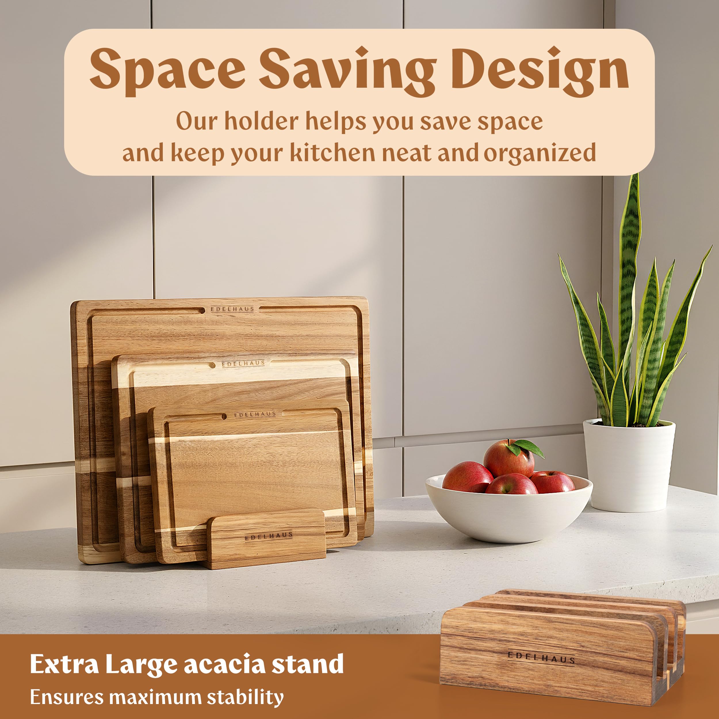 EDELHAUS acacia cutting board knife-friendly surface protects blades.