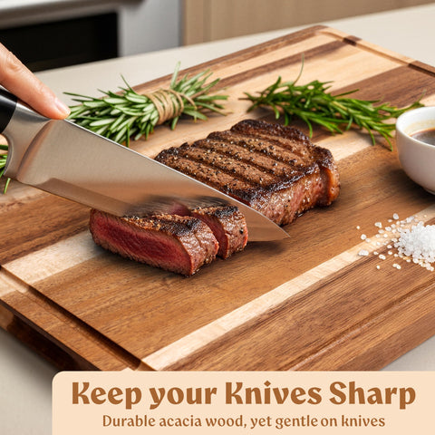 EDELHAUS acacia cutting board with serving compartments for organized platters.