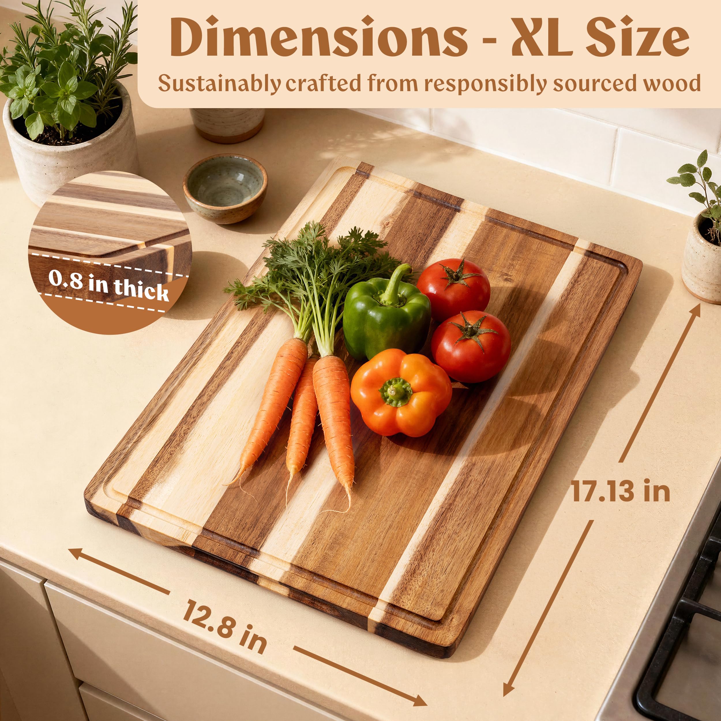 EDELHAUS Acacia XL Cutting Board juice groove closeup, catches liquids to keep counters clean