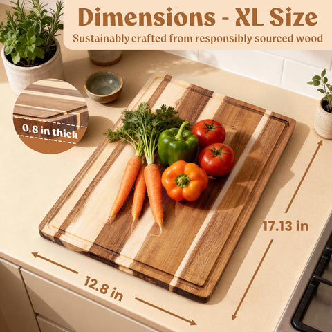 EDELHAUS Acacia XL Cutting Board juice groove closeup, catches liquids to keep counters clean