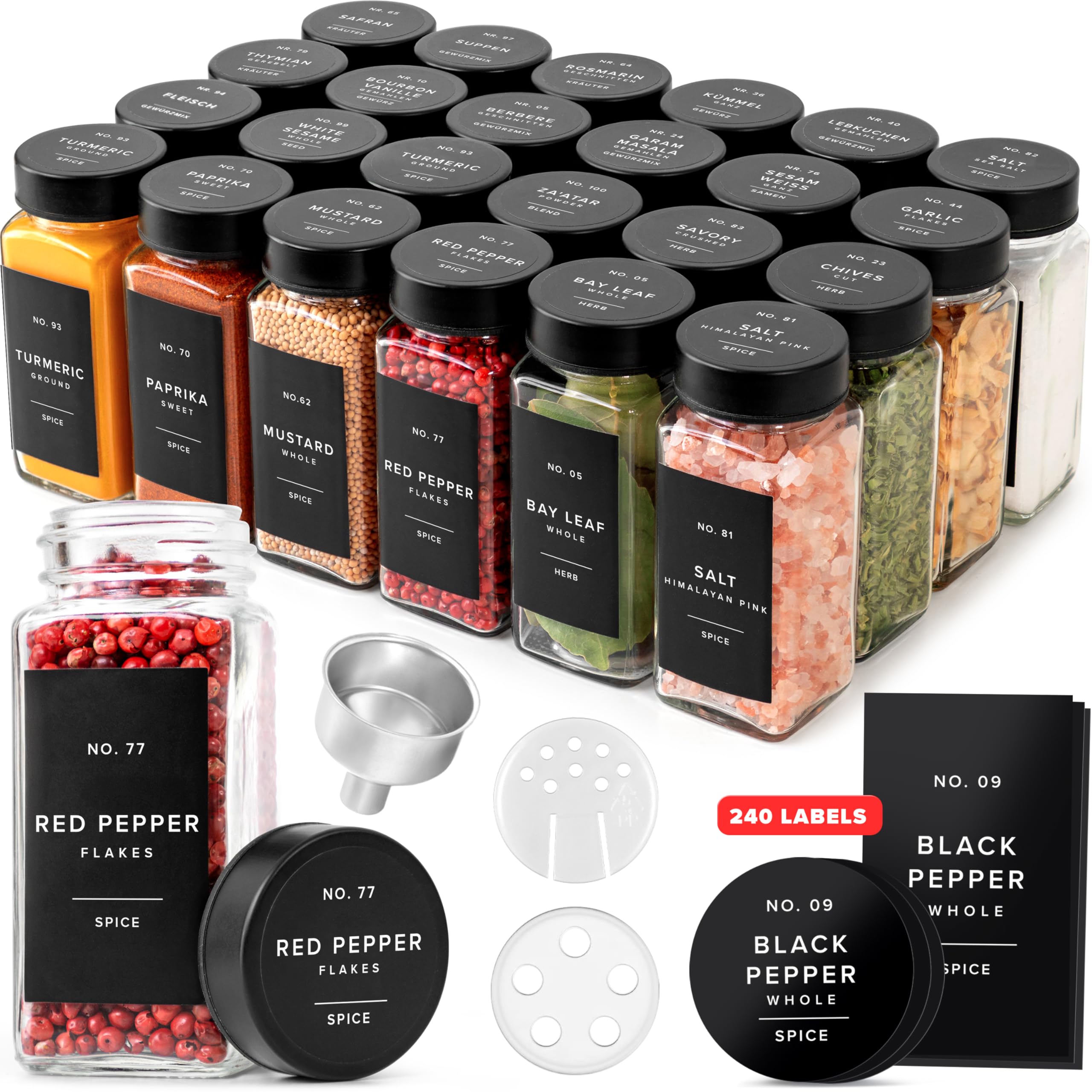 EDELHAUS glass spice jars with labels and lids for organized pantry storage.