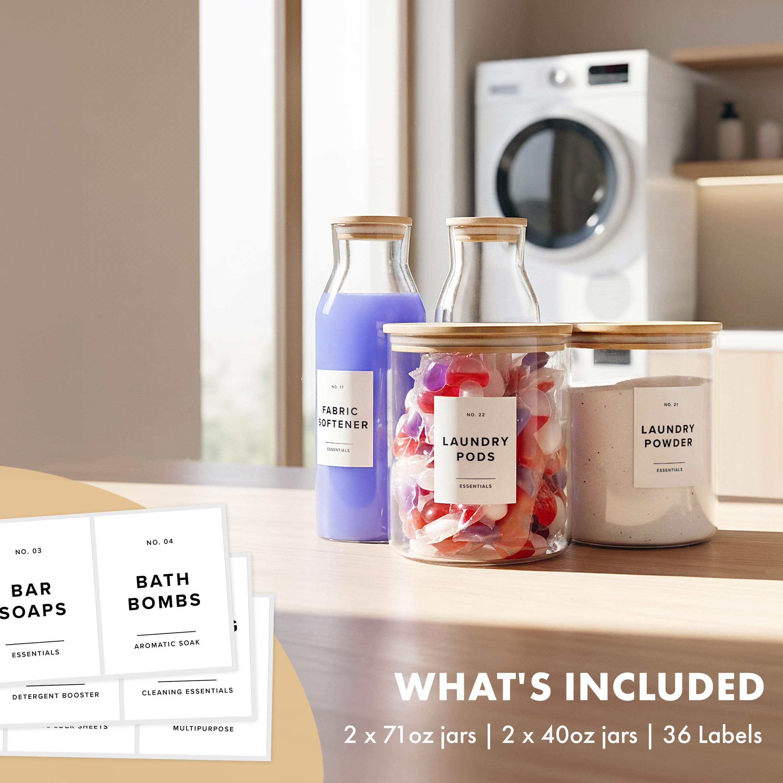 Edelhaus laundry-room organization idea with jars and lids boosts clutter-free spaces.