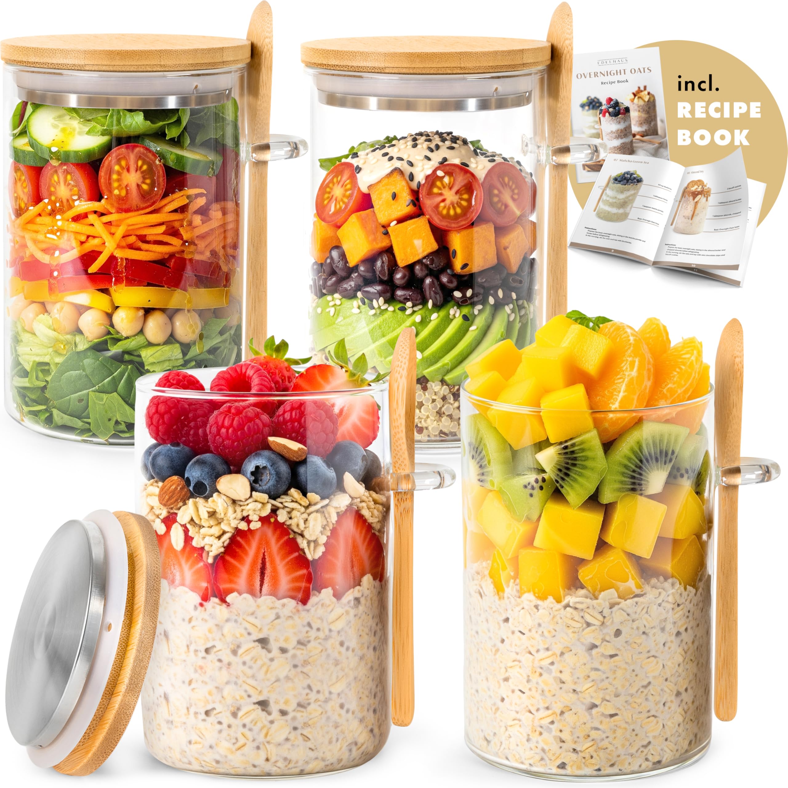 EDELHAUS overnight oats containers with lids, clear glass for easy meal prep.