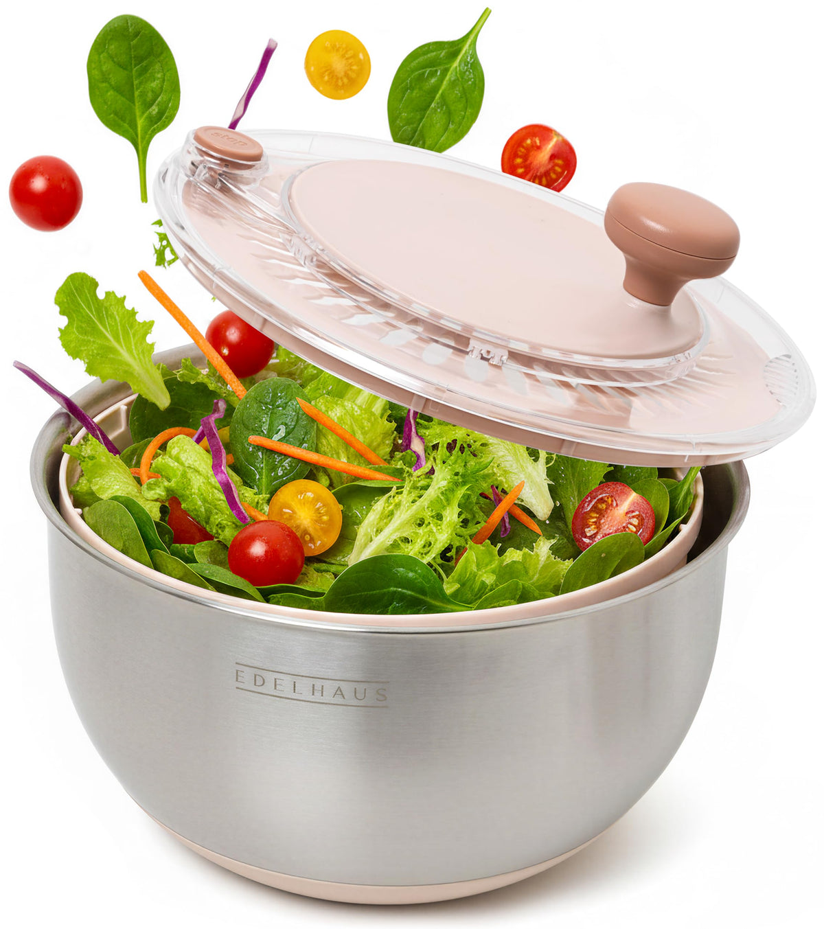 EDELHAUS salad spinner with stainless steel bowl enables fast greens prep.