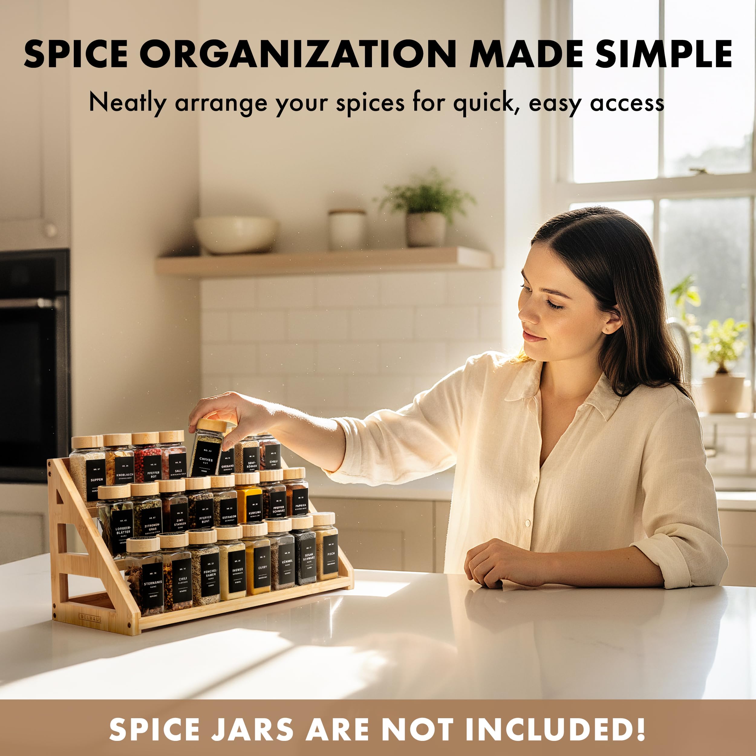 Edelhaus bamboo spice rack displays jars at a glance for efficient cooking.