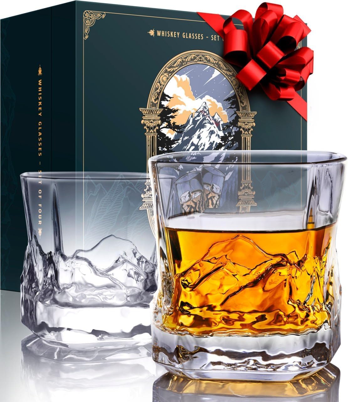 EdelweissPeak Everest bourbon glasses 2-pack with 3D mountain design for elegant sipping