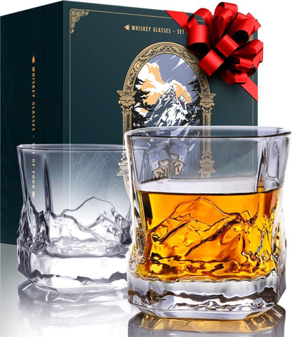 EdelweissPeak Everest bourbon glasses 2-pack with 3D mountain design for elegant sipping