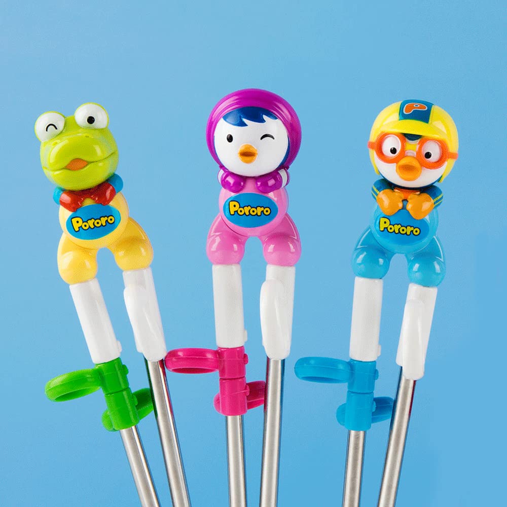 Child learning Pororo dining chopsticks in Korean-made set
