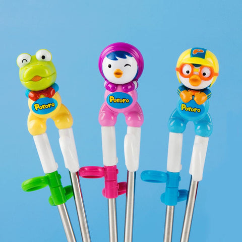 Child learning Pororo dining chopsticks in Korean-made set