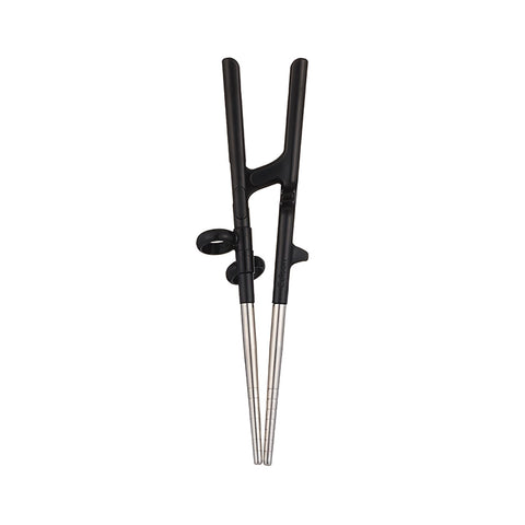 Edison Friends training chopsticks for adults in stainless steel, supporting a natural right-handed grip.