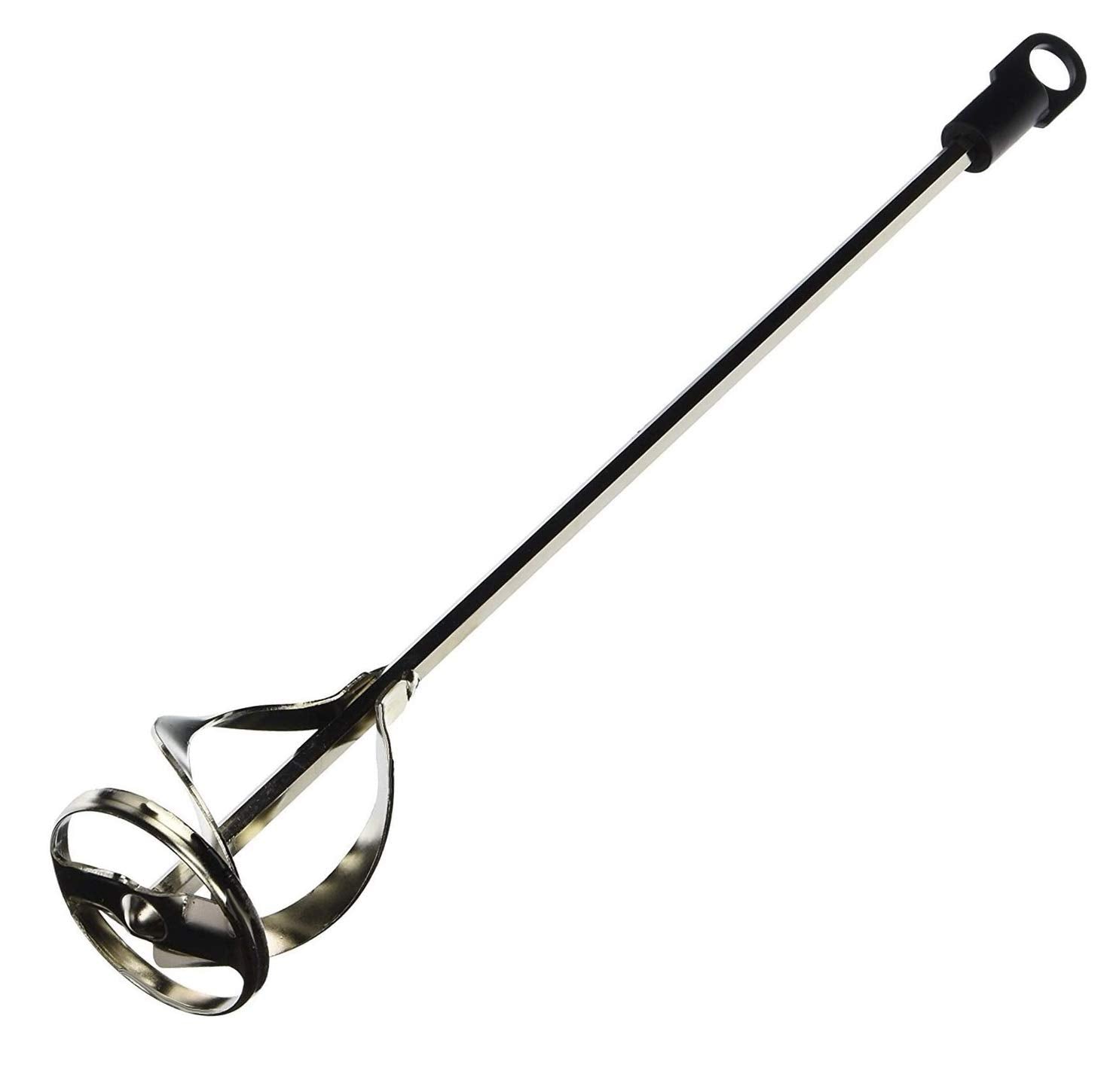 Edward Tools stainless steel mixer attached to a drill, ideal for bulk beverage mixing.