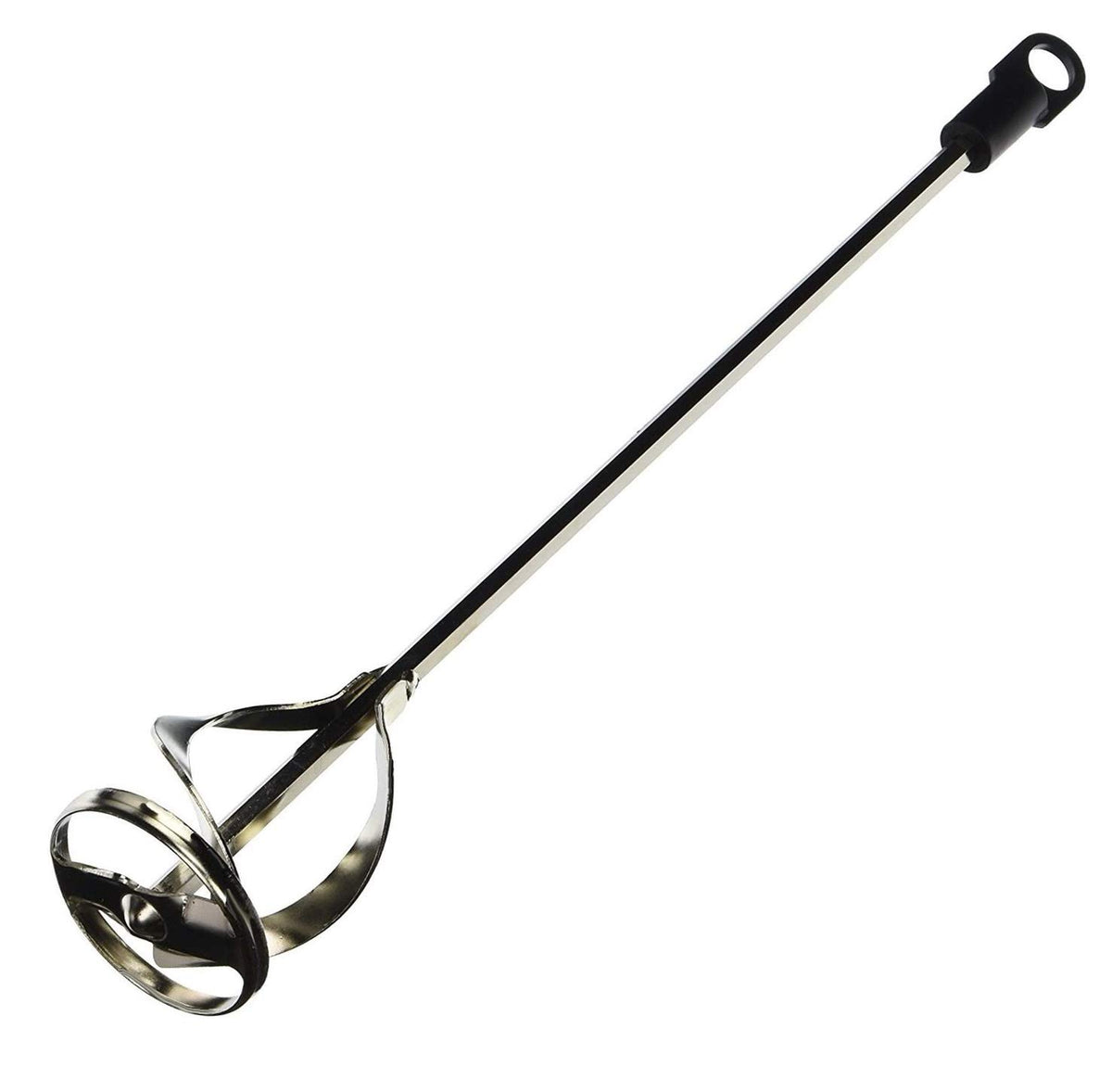 Edward Tools stainless steel mixer attached to a drill, ideal for bulk beverage mixing.