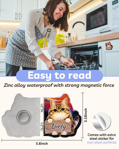 eeauld Kitty Dishwasher Sign on fridge demonstrates strong magnetic hold for quick checks