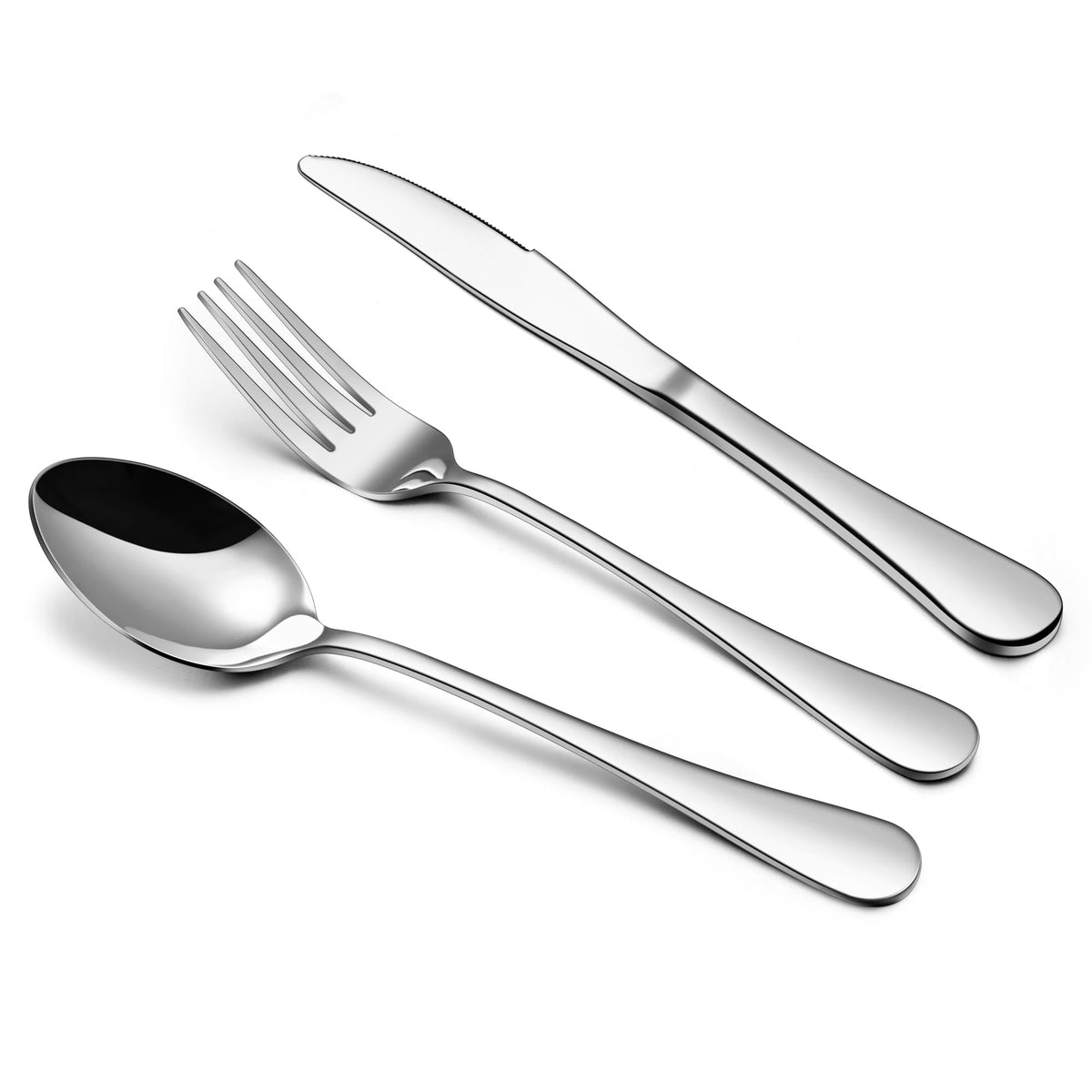 E-far 12-piece flatware set on table, mirror finish enhances everyday meals.