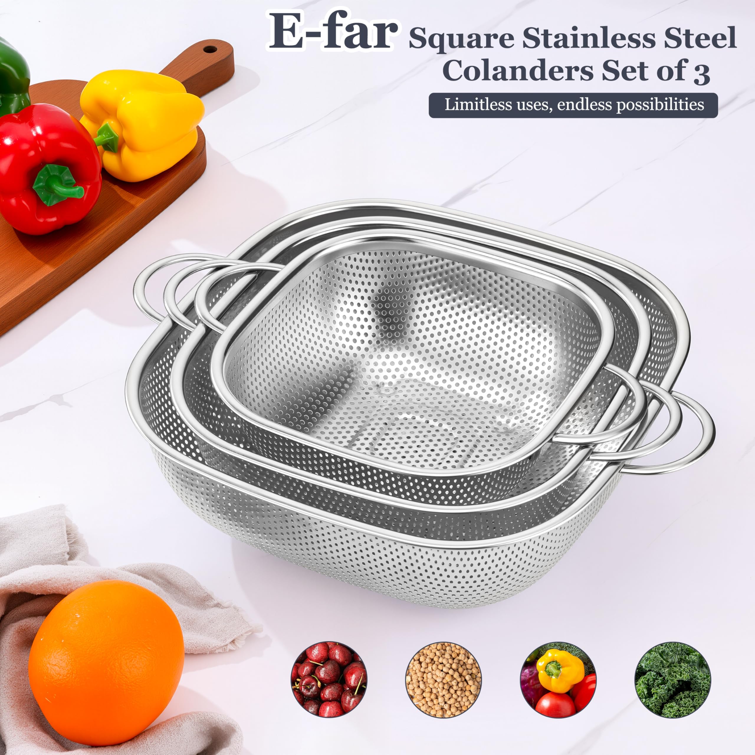 E-far 3-pack colander set suitable for washing beans, grains, and fruits.