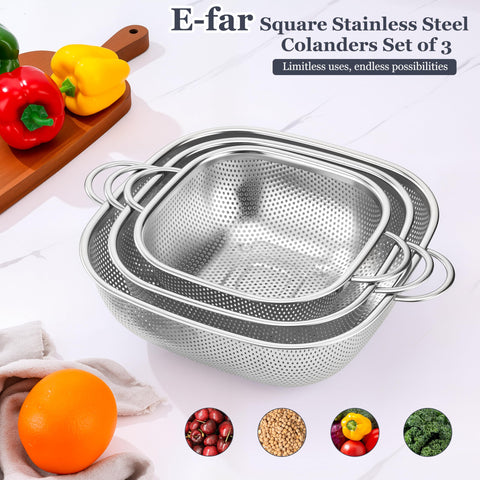 E-far 3-pack colander set suitable for washing beans, grains, and fruits.