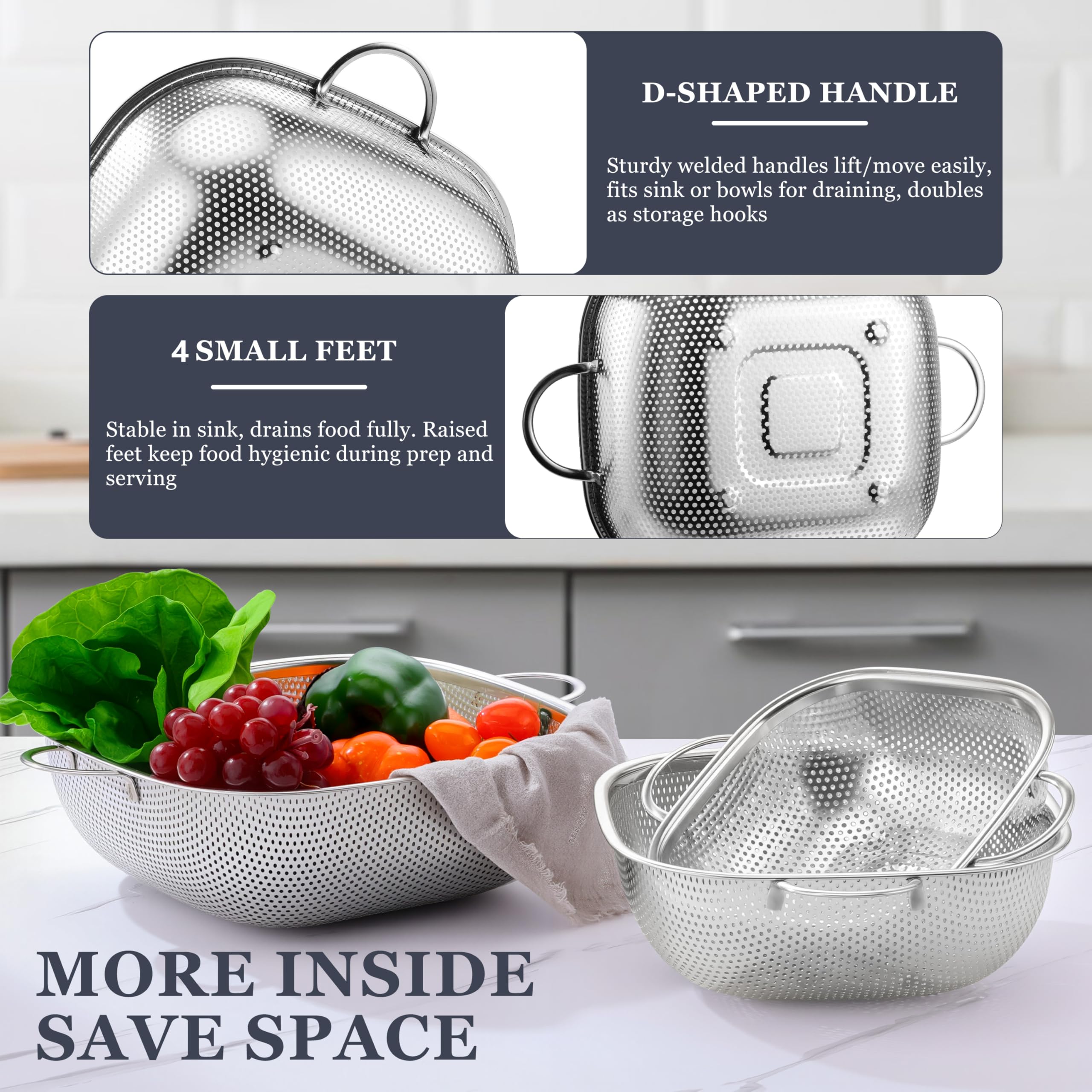 E-far square colander dishwasher safe for easy cleaning after meals.