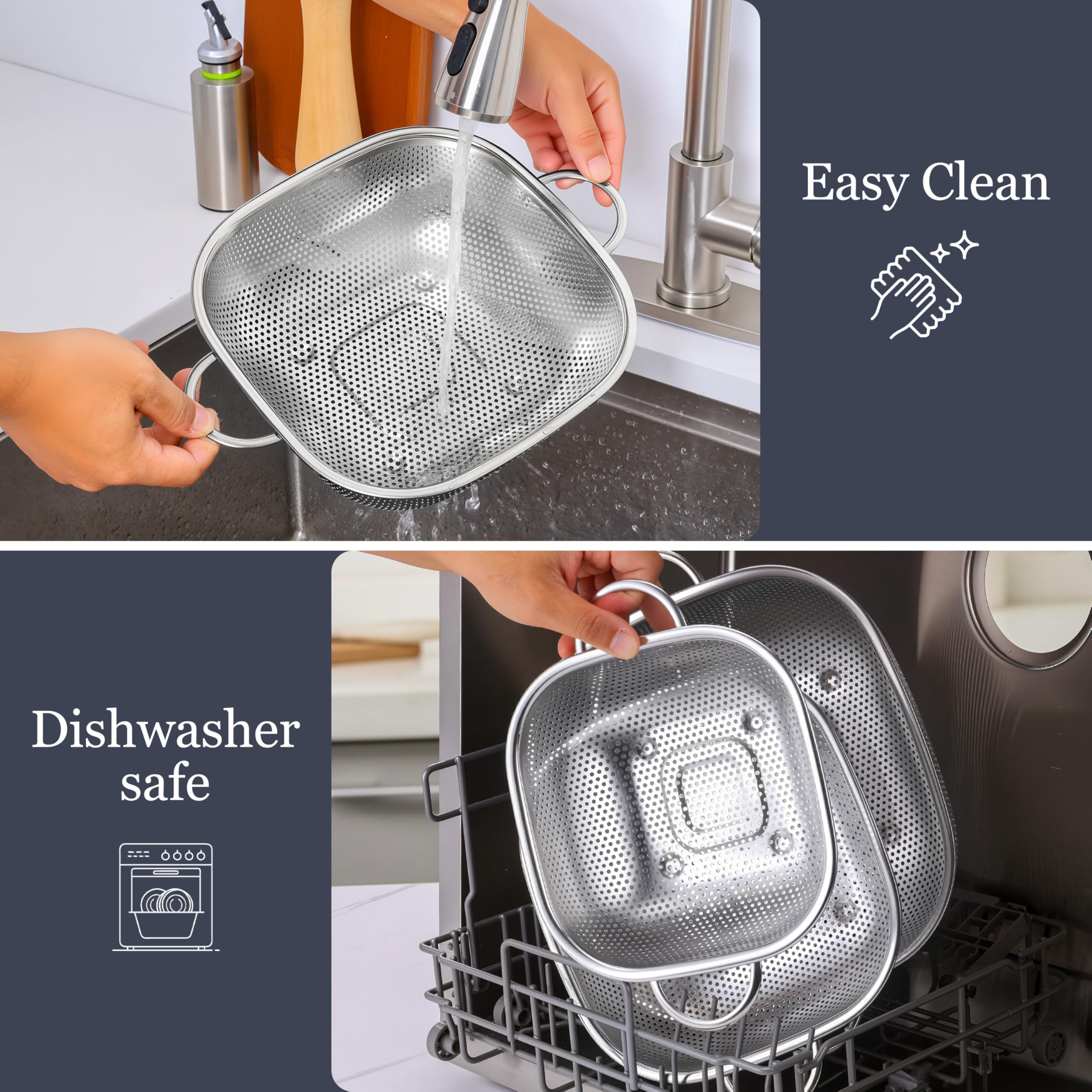 E-far micro-perforated base prevents soggy pasta and rinses vegetables efficiently.