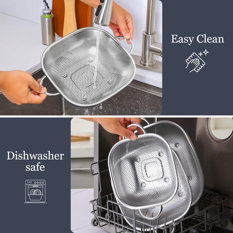E-far micro-perforated base prevents soggy pasta and rinses vegetables efficiently.