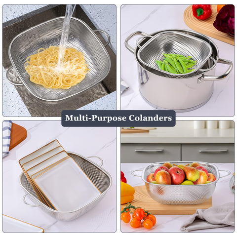E-far three-pack nesting colanders save space when stored.