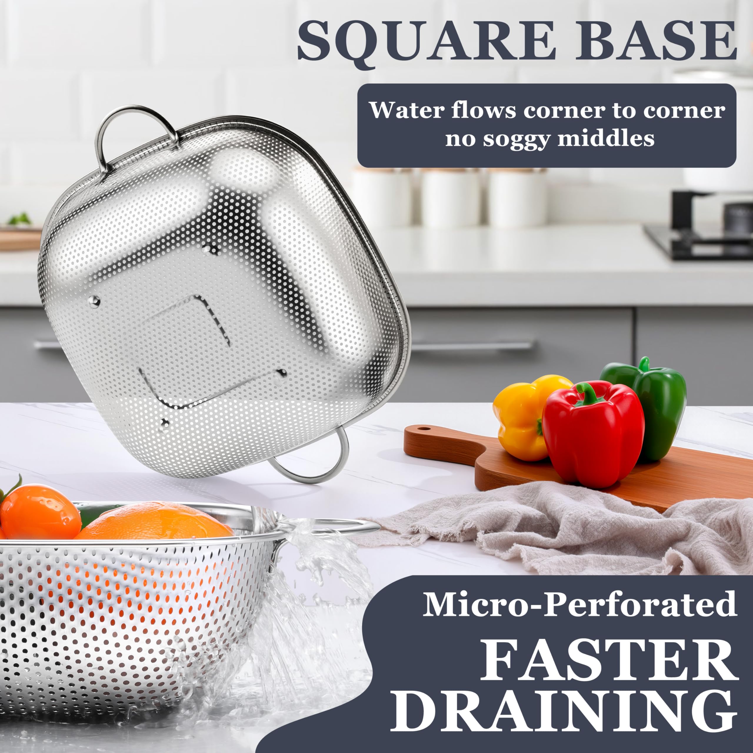 E-far 6qt square stainless colander with cool handles for safe lifting.