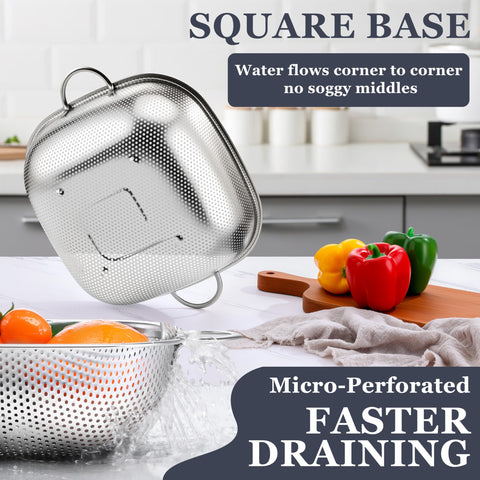 E-far 6qt square stainless colander with cool handles for safe lifting.