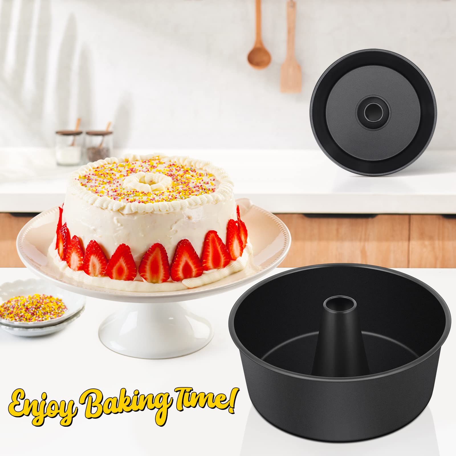 E-far Angel Pan oven-safe up to 450F for versatile baking, including chiffon and pound cakes.