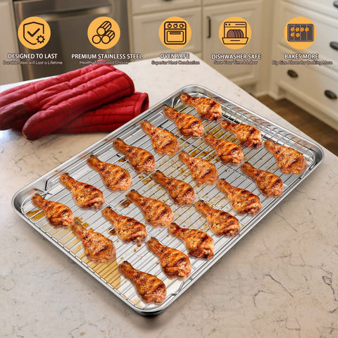 E-far baking tray with four raised rims prevents spills during roasting.