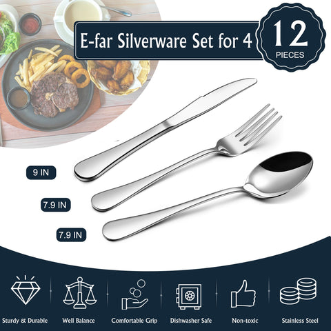 E-far flatware close-up shows mirror finish for stylish dining.