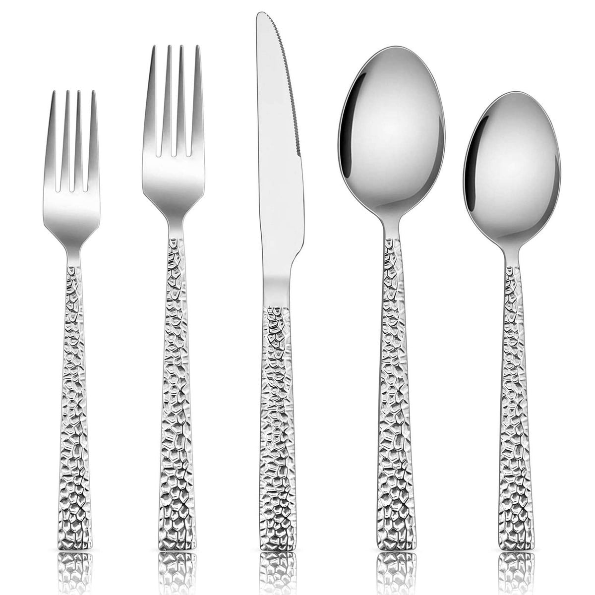 E-far hammered silverware with square handles for durable daily dining.