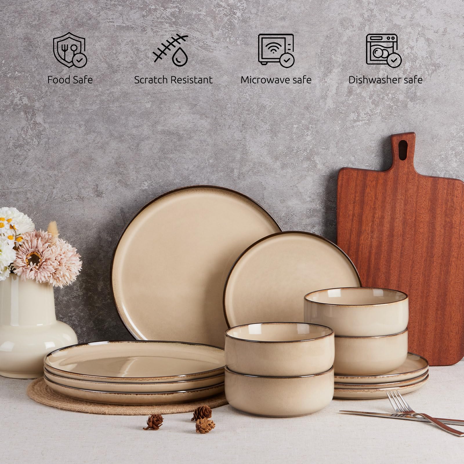 Microwave and dishwasher-safe E-far dinnerware for easy cleanup.